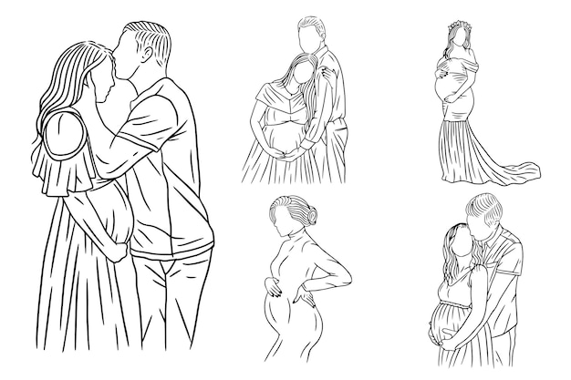 Premium Vector  Set bundle line art drawing simple maternity couple pose  love father and mother hand drawn