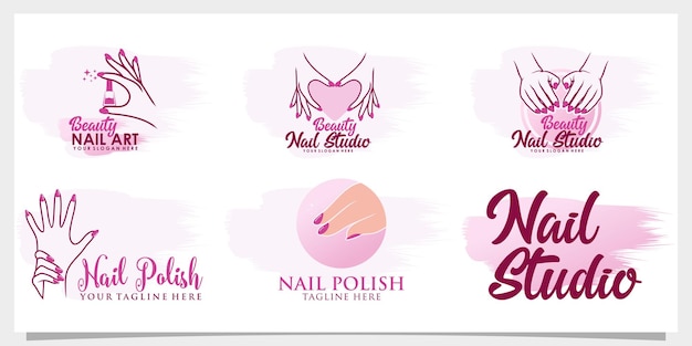 Set bundle nail polish logo design with creative concept Premium Vector