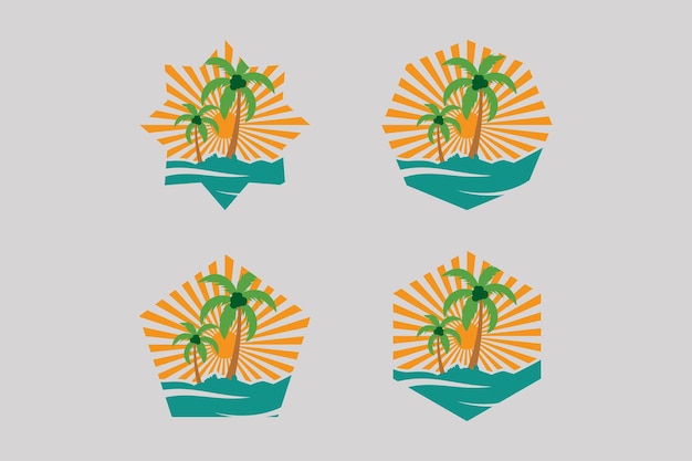 Установить связку пляжа пальмы с вектором элемента шаблона логотипа восхода солнца