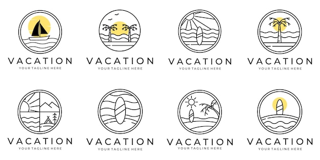 Набор или комплект летних путешествий, каникул, векторный дизайн логотипа, иллюстрация концепции