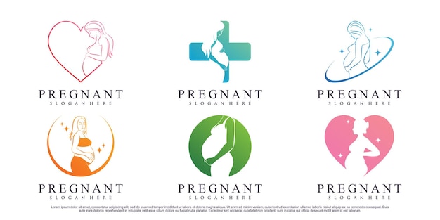 Imposta il modello di progettazione del logo incinta della donna del pacchetto con l'elemento creativo vettore premium