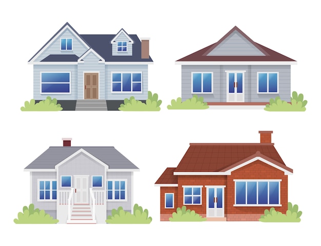 Set of bungalow house countryside home flat illustration