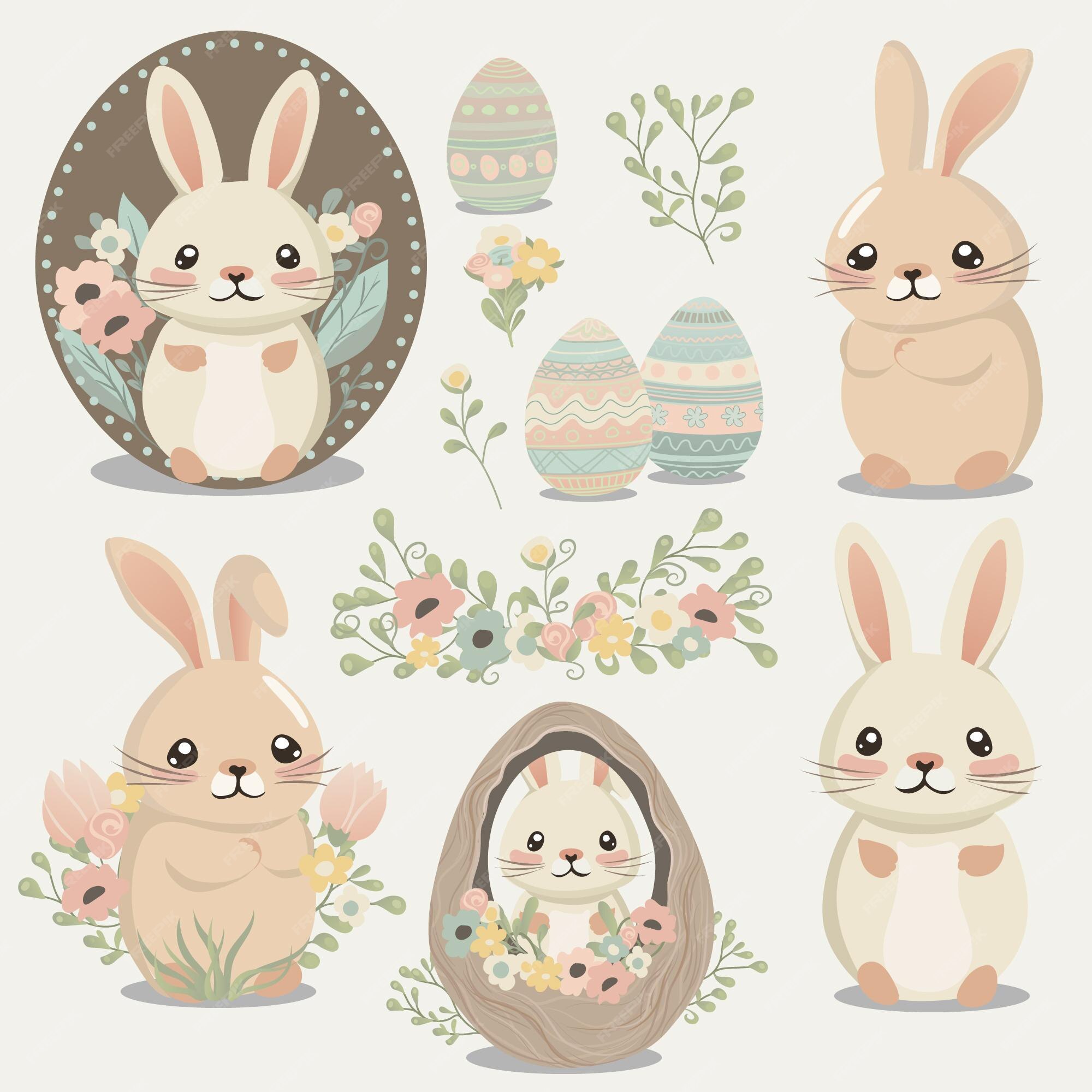 Easter Bunny In Kawaii Style And Pastel Colors. Vector Collection Of  Cartoon Rabbits In Different Poses With Eggs, Bee And Butterfly Royalty  Free SVG, Cliparts, Vectors, and Stock Illustration. Image 201428023.