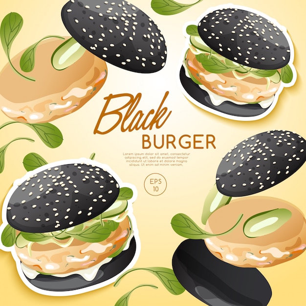 Set of Burgers : Black Burger with Ingredients :  Illustration