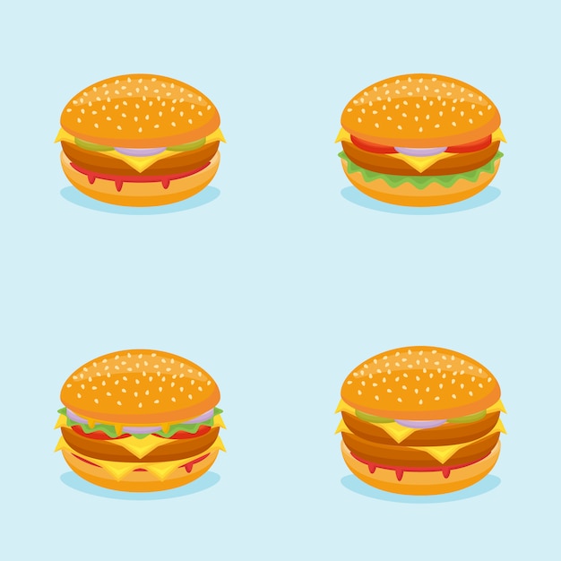Set of burgers. Hamburger, cheeseburger, beefburger, double burger.