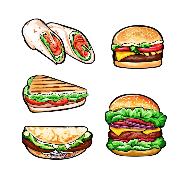 Set of burgers, rolls and sandwich