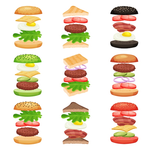 Set of burgers and sandwiches with flying ingredients. Tasty fast food. Delicious snack. Flat design for mobile app or cafe menu