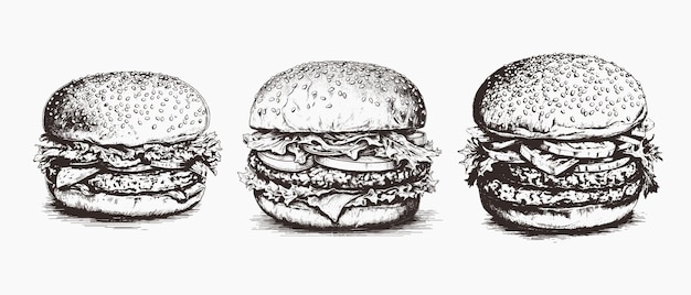 Set burgers Vector illustration engraving american burger vector hamburger vintage style isolated