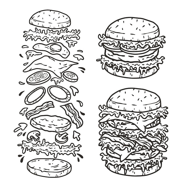 Vector set of burgers with meat cheese and vegetable american fast food or hamburgers usa food ingredients