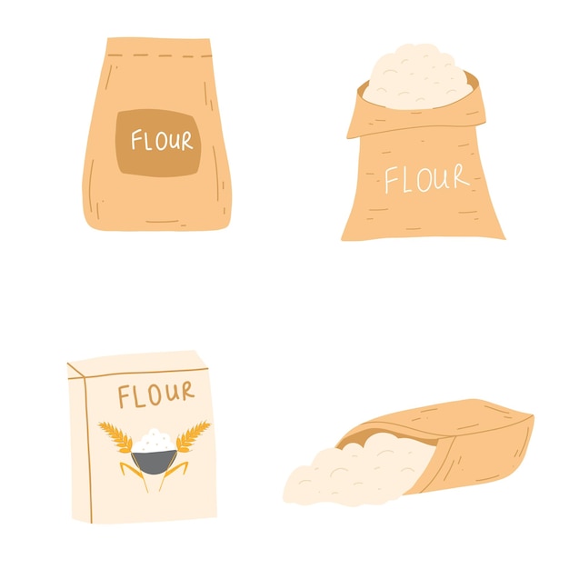 Set of burlap bags of flour in cartoon flat style Vector illustration of sacks with wheat farming food element