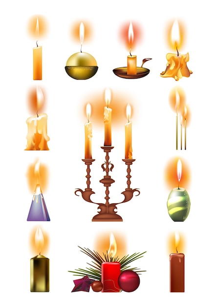 Set of burning candles classic in holder on candlestick christmas