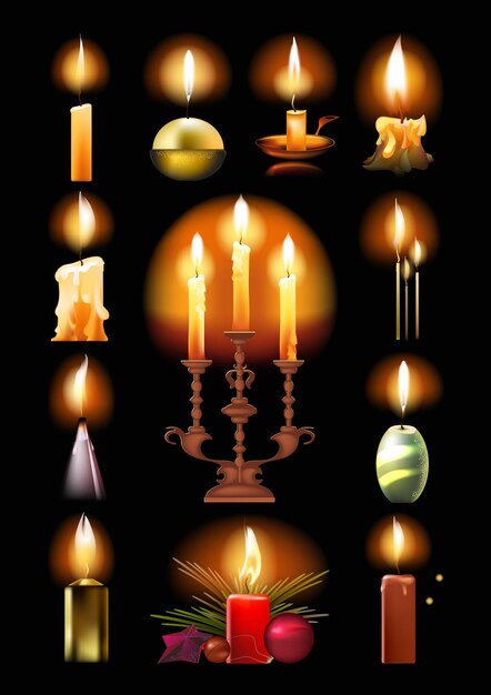 Vector set of burning candles classic in holder on candlestick christmas
