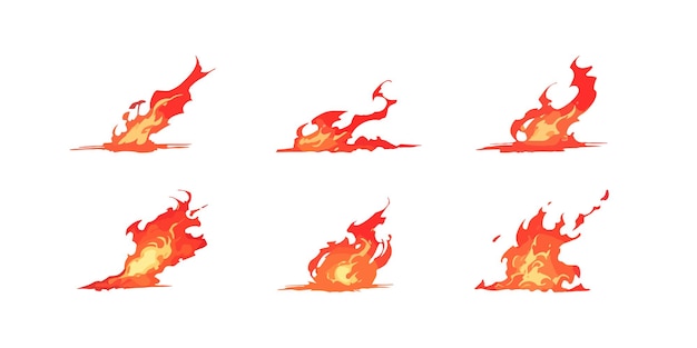 Vector set of burning fire and explosion fast move trace splashes and smoke effects for video games flat illustration