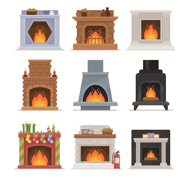 Set of burning fireplace design. indoors heating system in modern and vintage style. classic and modern stoves with fire