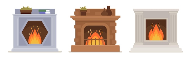 Vector set of burning vintage fireplace of various design. indoors heating system in classic style. stoves of red brick, white marble and grey stone with fire inside. isolated cartoon vector illustration