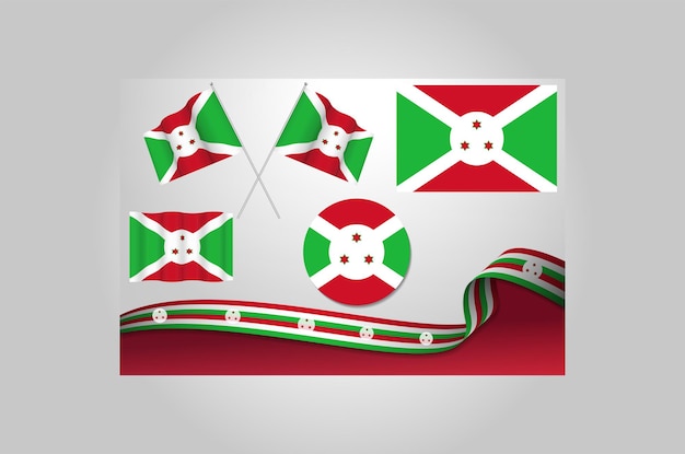 Set di bandiere del burundi in diversi disegni icona scuotimento bandiere con nastro con sfondo