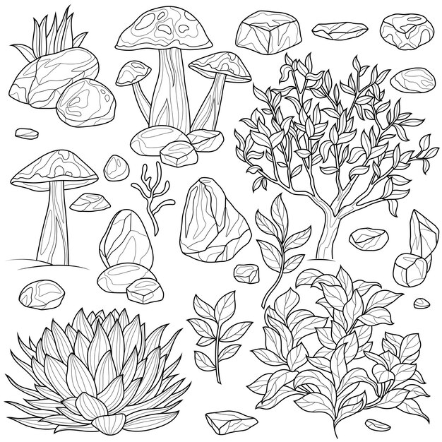 Vector set of bushes stones and mushroomscoloring book antistress for children and adults