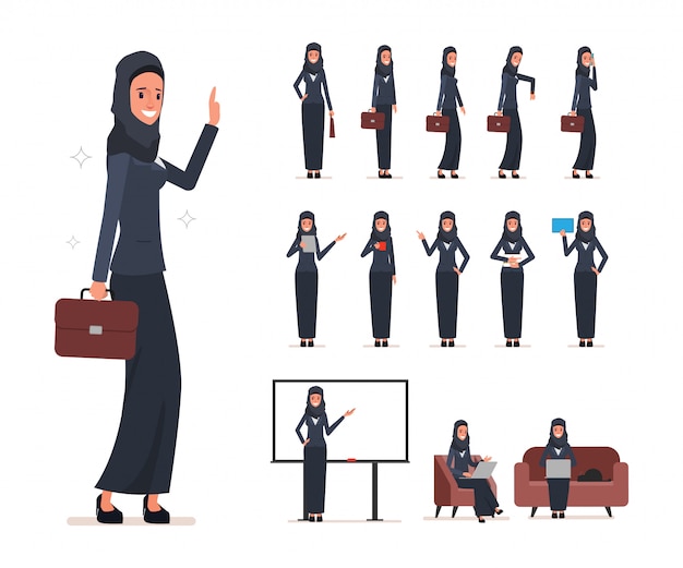 Set of business arab woman character with hijab.