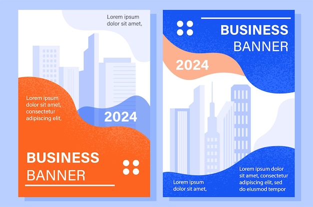 Set of business banners concept Silhouettes at skyscrapers and large buildings Place for text Template layout and mock up Cartoon flat vector collection isolated on blue background