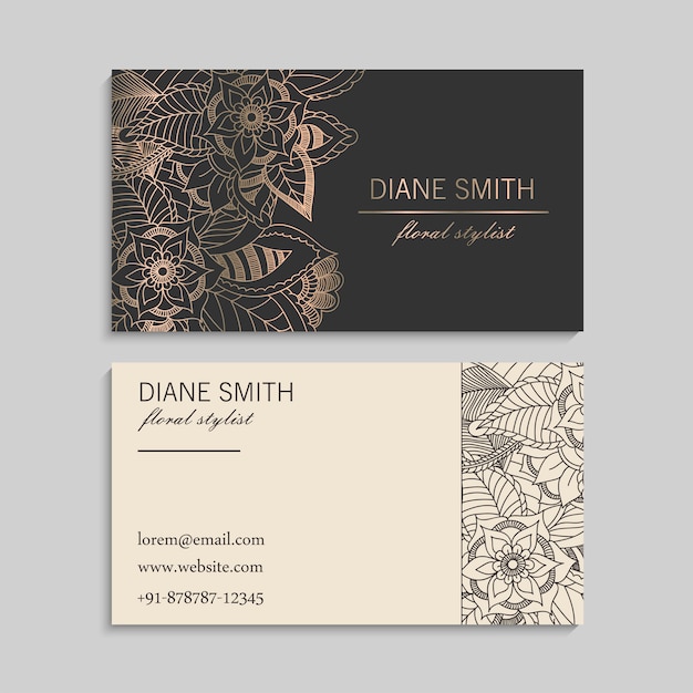 Set of business card with zentangle hand drawn flowers.