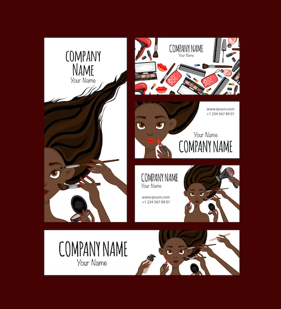 Set of business cards and flyers with a dark-skinned girl who is doing makeup. Cartoon style. Vector illustration.