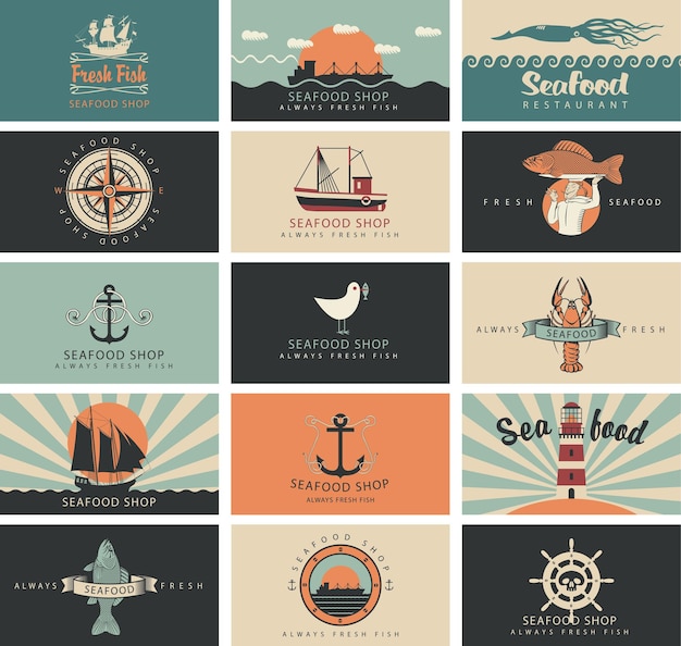 Vector set of business cards on the theme of the sea and seafood