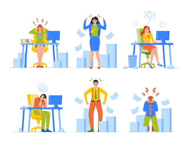 Vector set business characters stressed with urgent work anxious businessmen and businesswomen with piles of documents