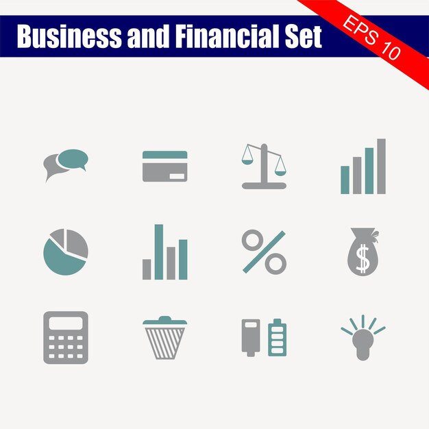 A set of business and financial icons including a graph, a bar, a calculator, and a calculator.