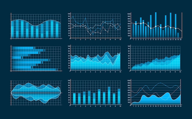 Set of business graphs. infographics and diagnostics, charts and schemes. trend lines, columns, market economy information background. analysis and management of financial assets.