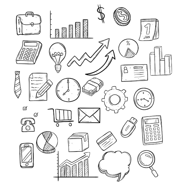 Vector set of business icons using doodle art or hand drawing style