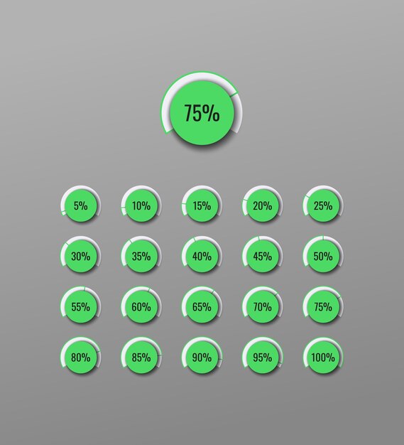 Set of business infographic piechart template with round green elements on a gray background