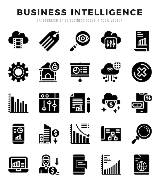 Set of Business Intelligence icons in Glyph style Glyph Icons symbol collection