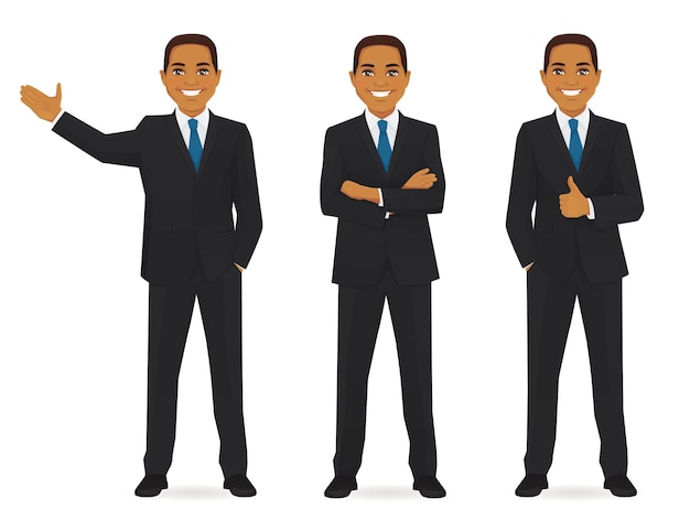 Vector set of business man in different poses isolated thumbing up showing and with hands crossed