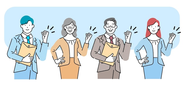 set of business man and woman vector illustrations standing in a confident pose with clenched fists