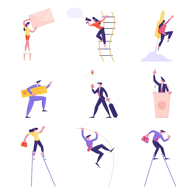 Vector set of business people characters walking on stilts