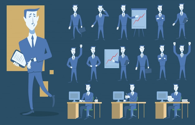 Vector set of business people and situations. presentation, agreement, work at the computer.  illustration in a  style. office and success.