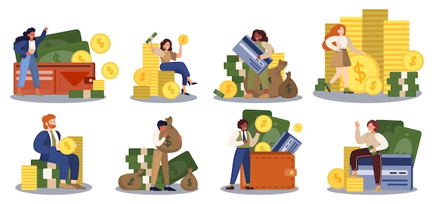 Set of business people with money. Happy successfull woman and man with a bag of money, sitting or standing near by banknotes and coin. Financial well-being idea. Isolated vector illustration