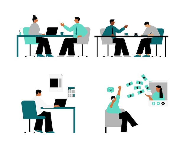 Vector set of business people working in office flat style vector illustration