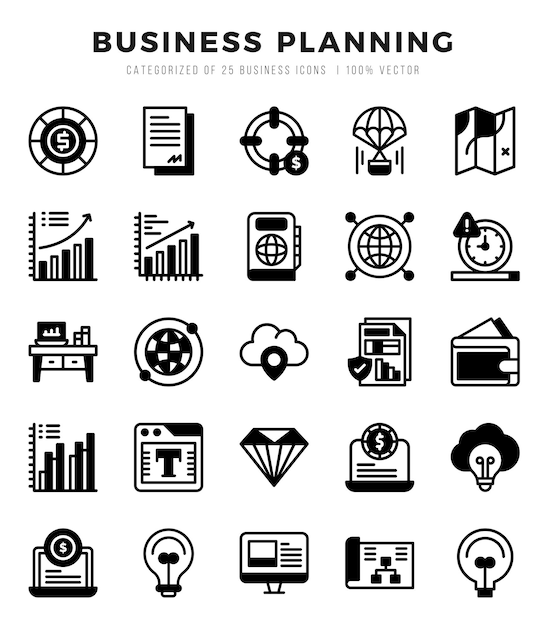 Vector set of business planning icons lineal filled icons collection
