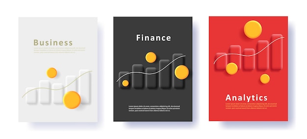 Set of business posters with 3d illustration of bar chart with coins