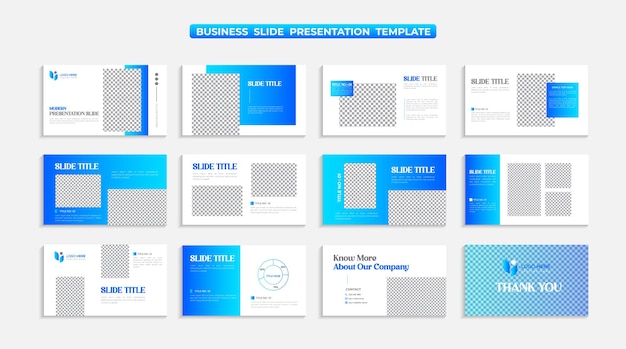 A set of business presentation templates with a blue background.