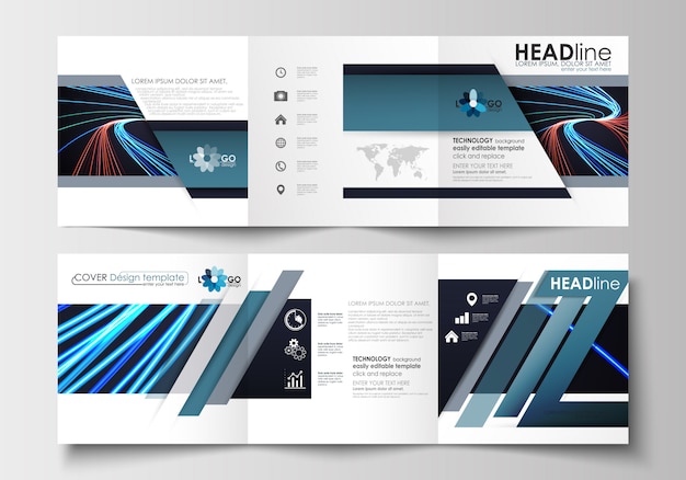 Vector set of business templates for tri-fold square brochures.