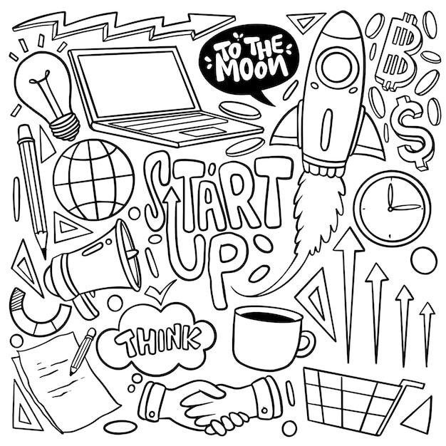 Set di temi di business in stile doodle isolato su sfondo bianco tema di business set disegnato a mano vettoriale illustrazione vettoriale