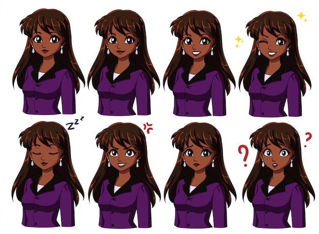 Set of business woman character expressions. beautiful cartoon brunette girl with long hair portrait of different emotional states set isolated on a white background. hand drawn.