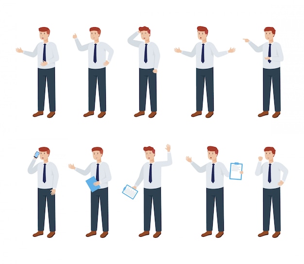 Vector set of businessman character with different pose and expression, vector illustration