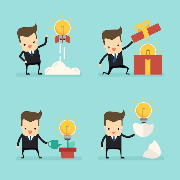 Vector set of businessman with idea light bulb