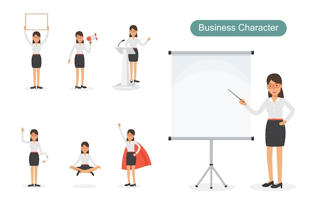 Vector set of businesswoman in different positions.