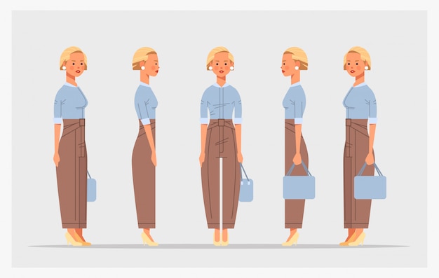 Set businesswoman front side view female character different views for animation full length horizontal