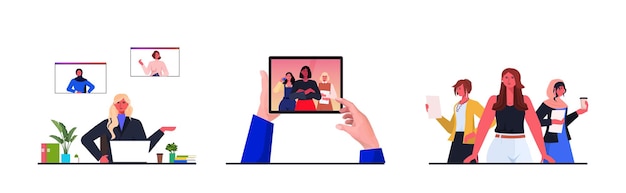 Set businesswomen leaders discussing with colleagues during video call leadership concept horizontal vector illustration