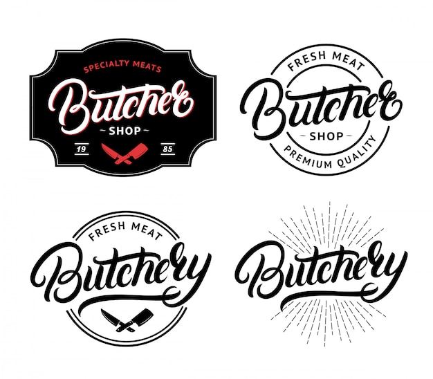 Set of butcher shop and butchery hand written lettering logo